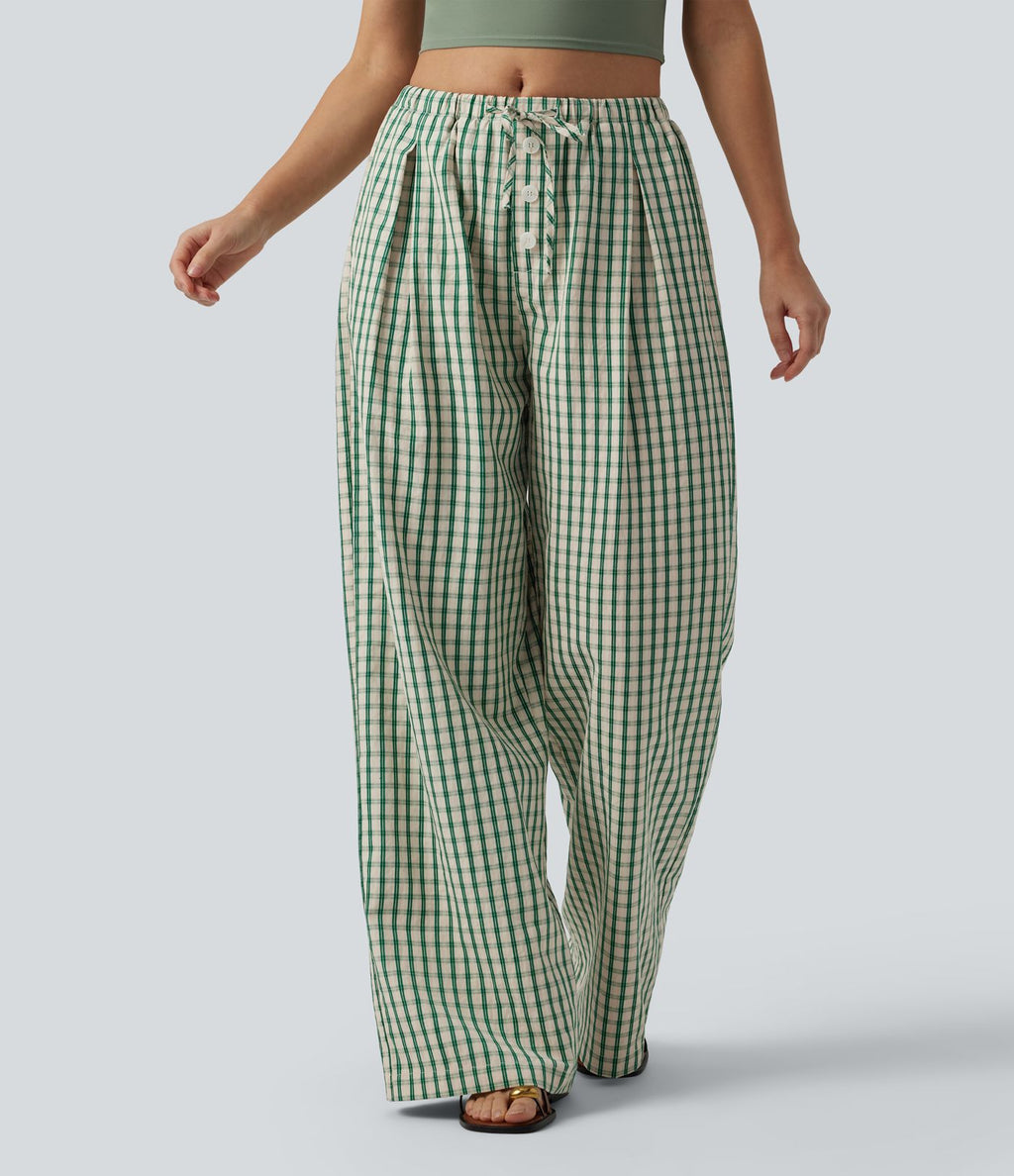 Pantalon large décontracté à carreaux taille mi-haute avec cordon de serrage et poches