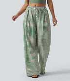 Pantalon large décontracté à carreaux taille mi-haute avec cordon de serrage et poches