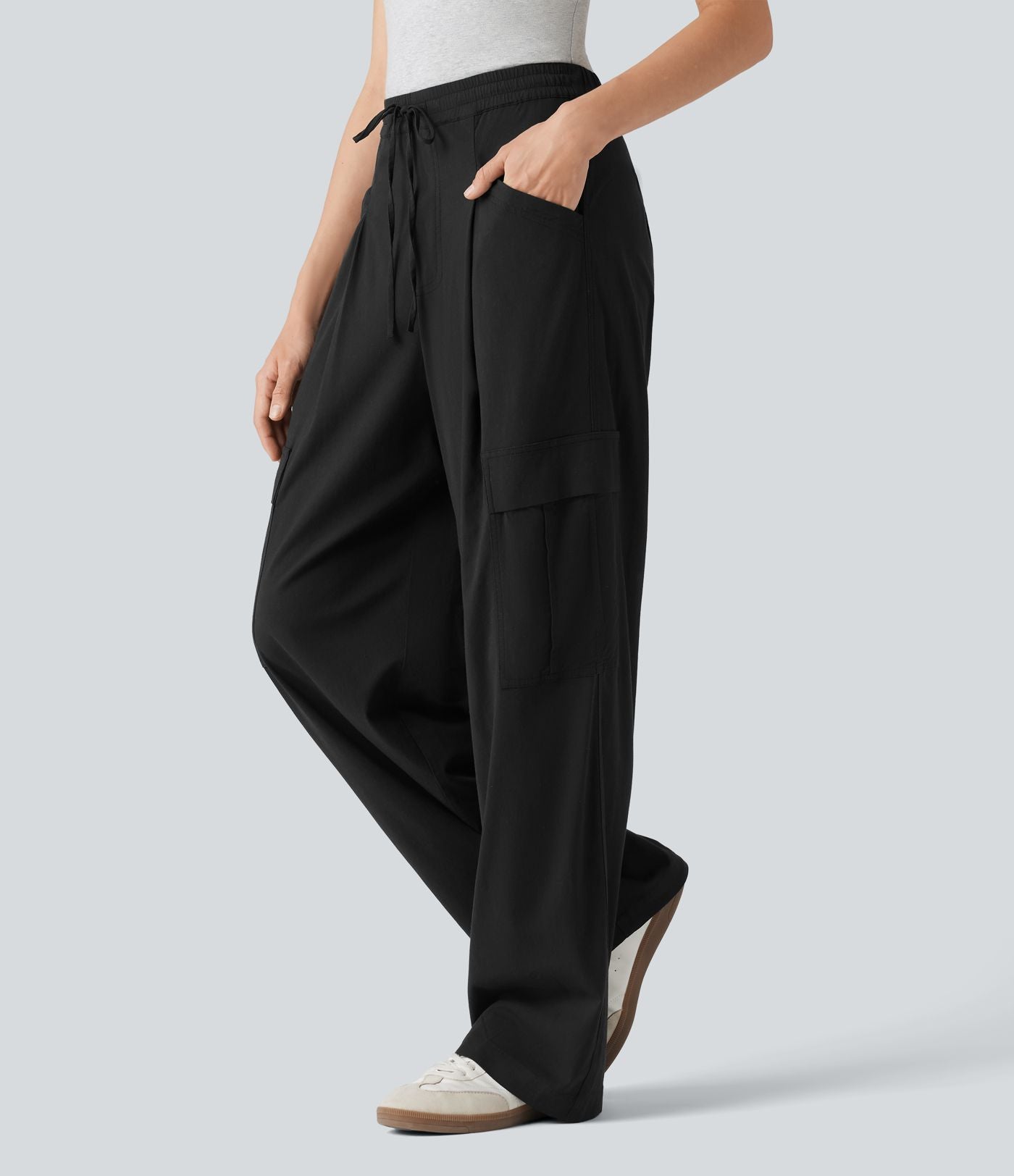 Pantalon cargo décontracté en lin extensible coupe droite taille mi-haute avec cordon de serrage et poches