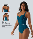 Maillot de bain une pièce gainant push-up col Queen Anne bretelles ajustables torsadé froncé