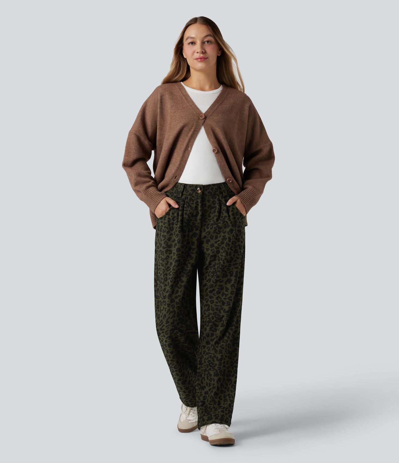 Pantalon velours côtelé imprimé léopard coupe droite taille mi-haute avec poches