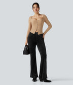 Pantalon évasé velours côtelé ceinture en V taille haute avec poches