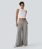 Pantalon décontracté taille basse à jambes larges en tissu gaufré avec poches latérales