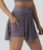 Jupe mini fluide évasée 2-en-1 taille haute à cordon, empiècements en mesh contrastant, avec poche, version plus longue
