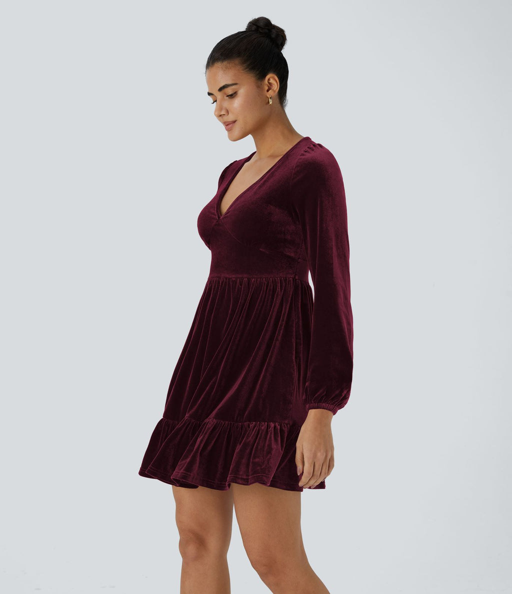 Quotidien Robe de Soirée Mini en Velours à Encolure en V Profond et Ourlet Volanté