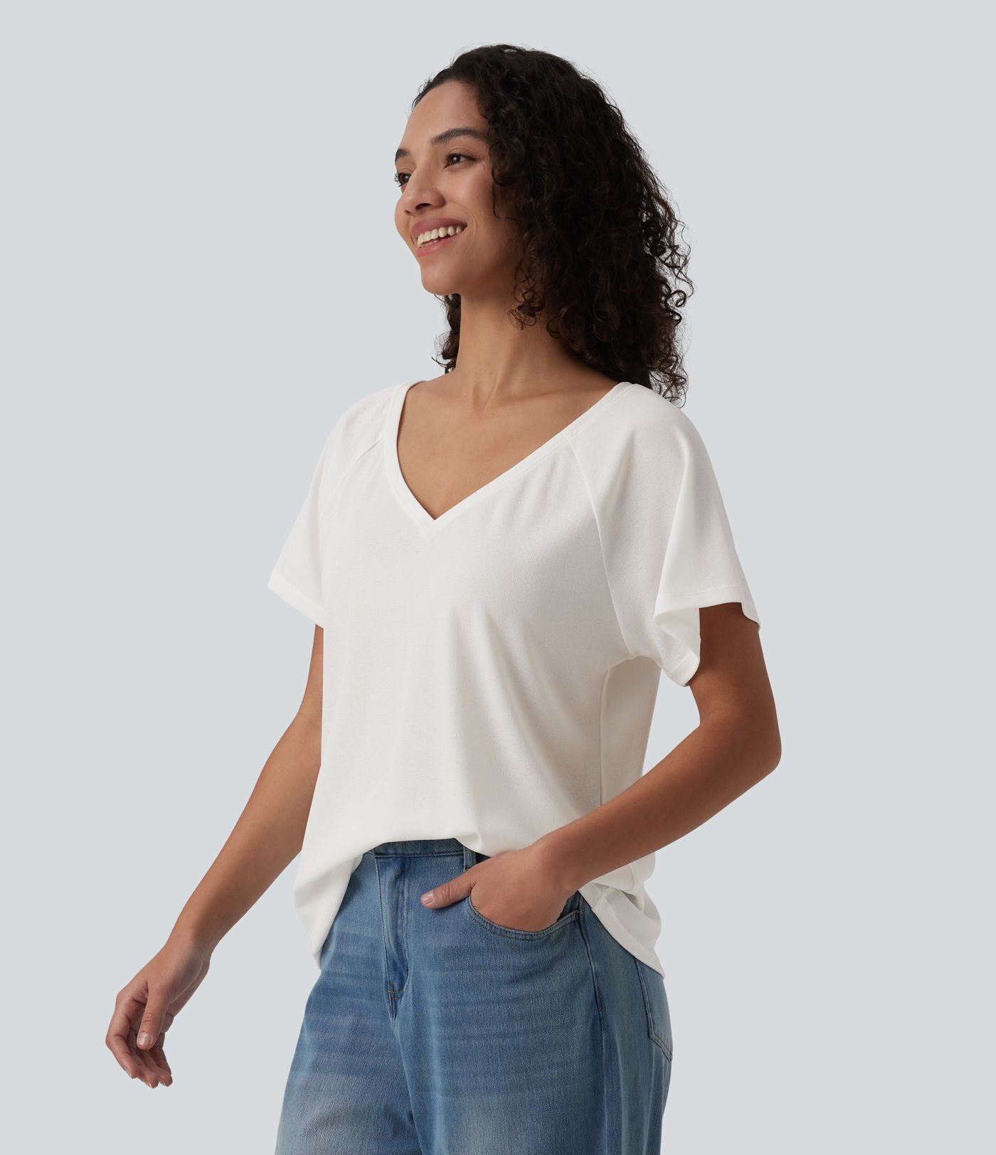 T-shirt casual col V manches raglan courtes coupe ample
