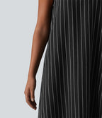 Robe décontractée midi col rond sans manches à rayures dos ajouré avec poches
