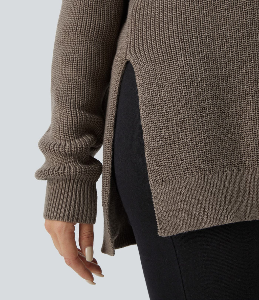 Pull décontracté à col montant, demi-fermeture éclair, manches longues et fente