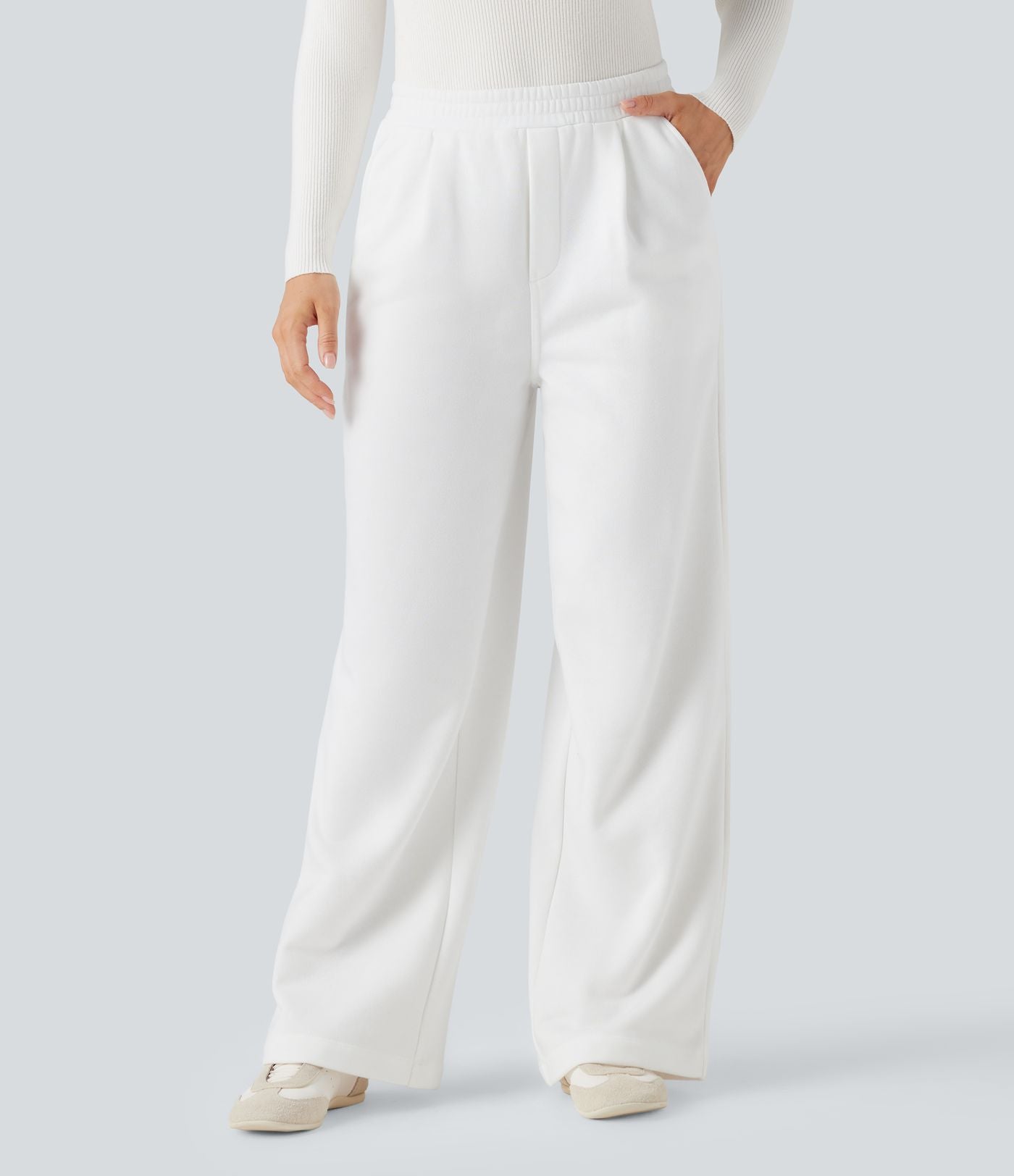 Pantalon jogging tailleur polaire coupe droite taille haute avec poches