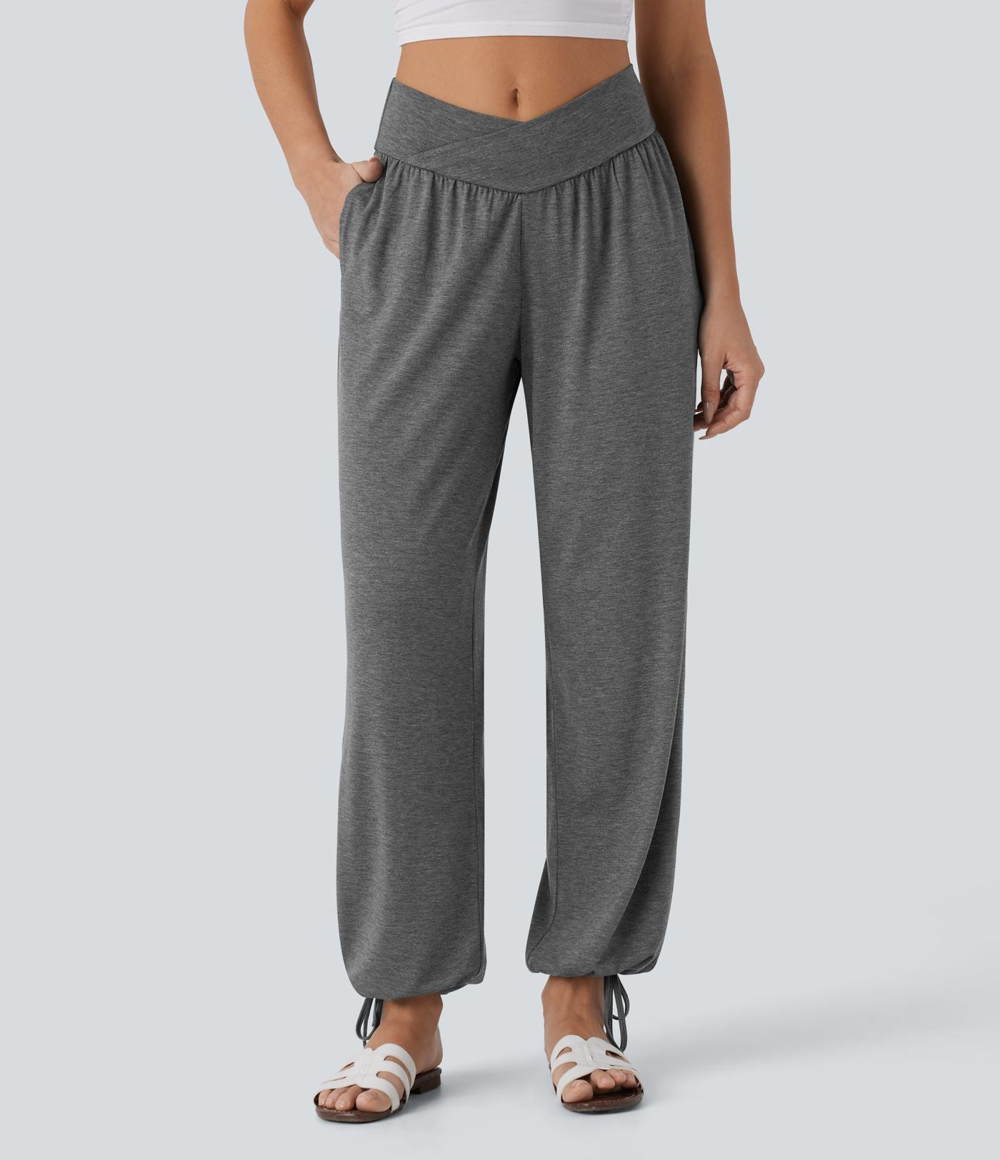 Pantalon de jogging décontracté à taille haute croisée avec poches latérales et cordon de serrage