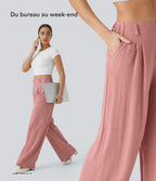 Pantalon Fluide Large Taille Haute Poches Latérales Palazzo Solide Casual Linen-Feel