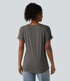 T-shirt décontracté col V à manches chauve-souris courtes