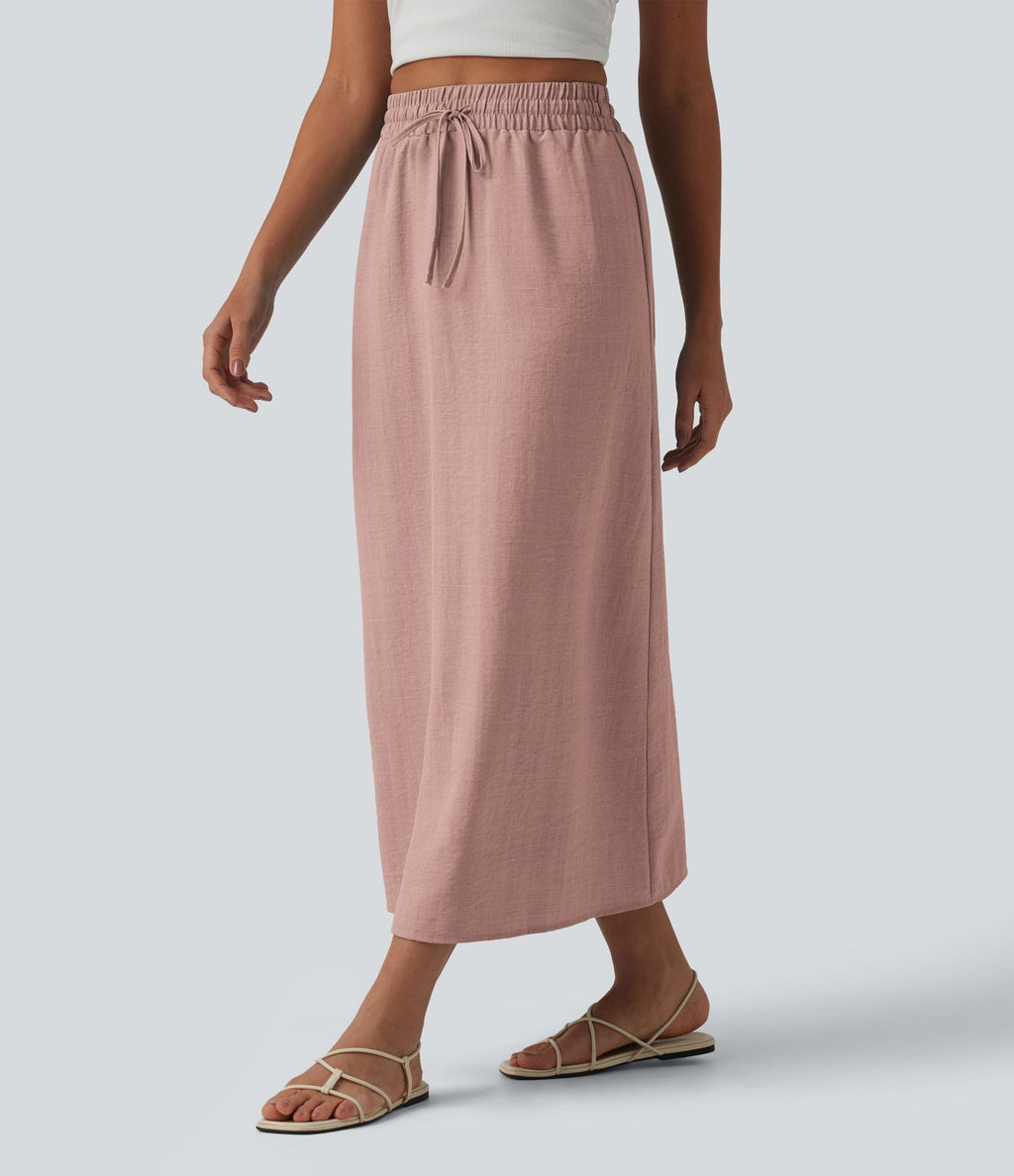 Jupe longue casual aspect lin taille haute avec cordon de serrage