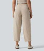 Pantalon casual taille mi-haute coupe tonneau aspect lin, avec poches