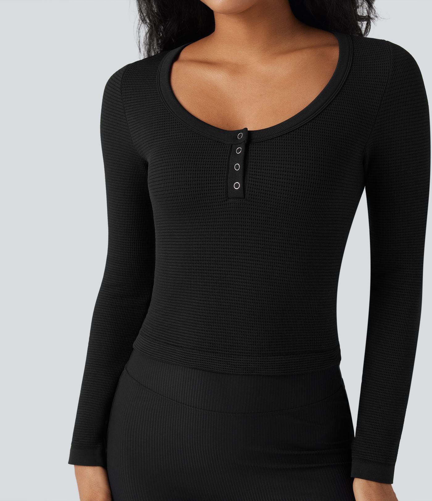 Haut de sport yoga ajusté col Henley en maille gaufrée à manches longues sans couture OneForm Seamless Flow
