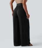 Pantalon casual ample taille haute aspect lin avec ceinture et poches