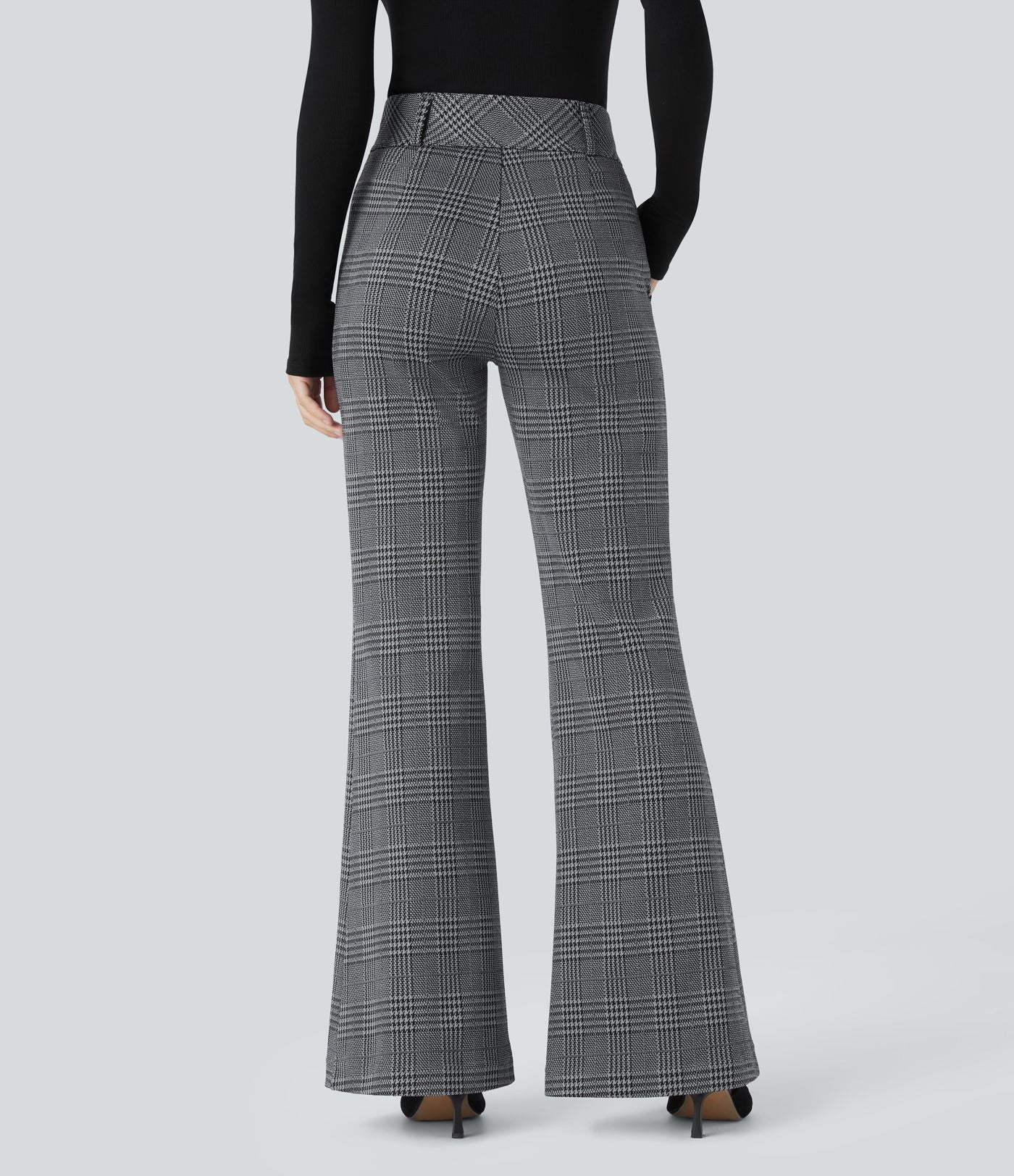 Halara Flex™ Pantalon tailleur évasé à carreaux pied-de-poule, taille haute avec boutons décoratifs et poches latérales