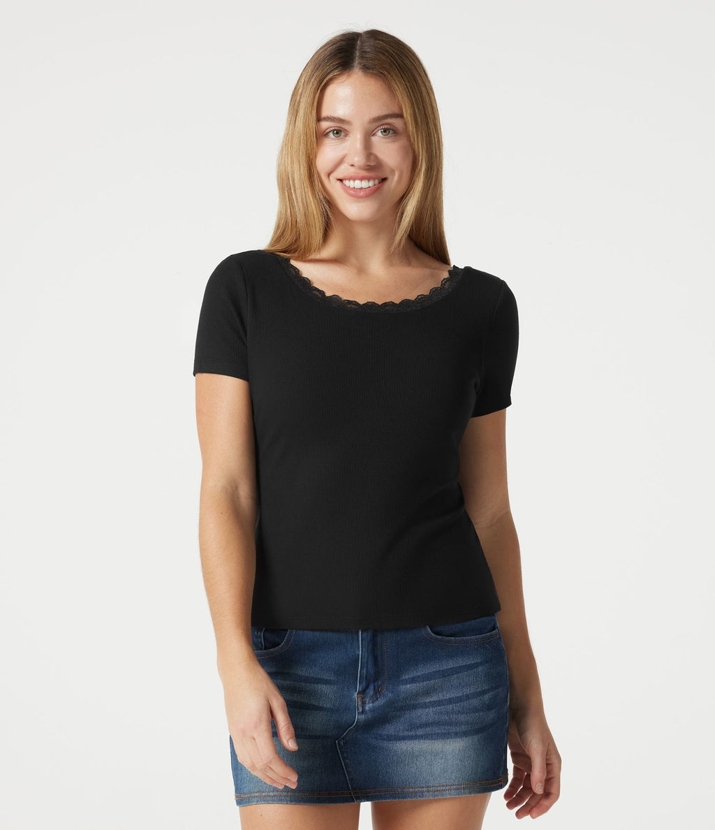 T-shirt décontracté en maille côtelée, col rond échancré, dos en U, manches courtes, brassière intégrée en dentelle contrastée