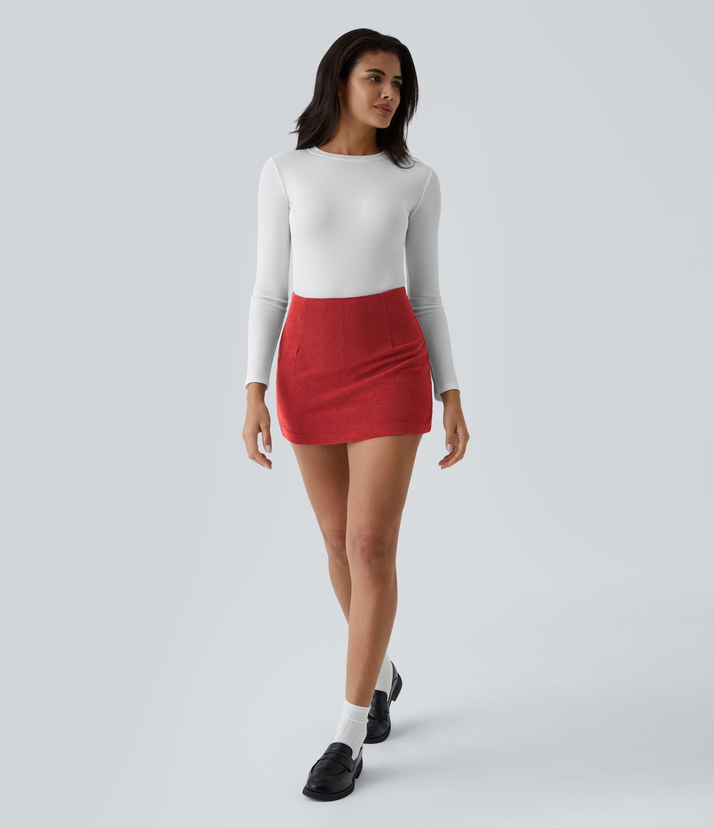 Mini-Jupe Casual en Velours Côtelé 2 en 1 Fermeture Éclair Invisible Taille Haute