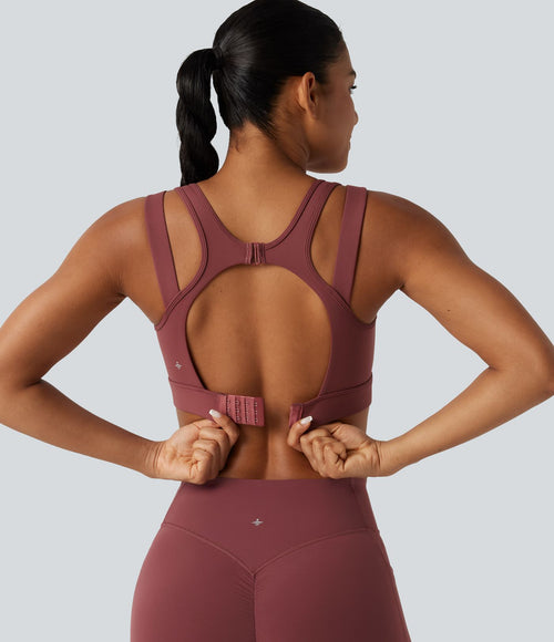 Brassière de sport de running maintien fort col V dos nu avec boucle ajustable et coussinets non amovibles