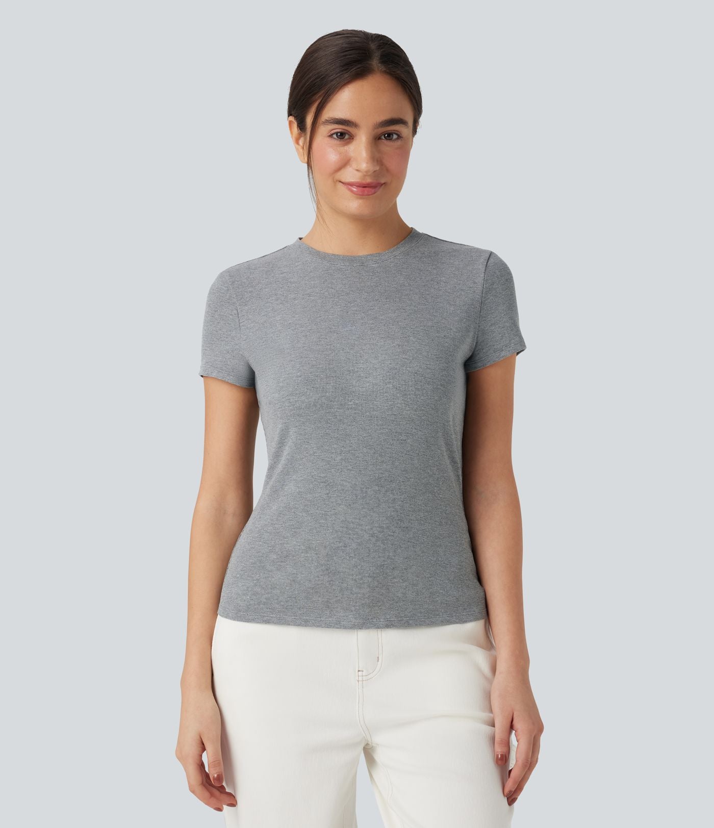 T-shirt décontracté ajusté maille côtelée col rond manches courtes