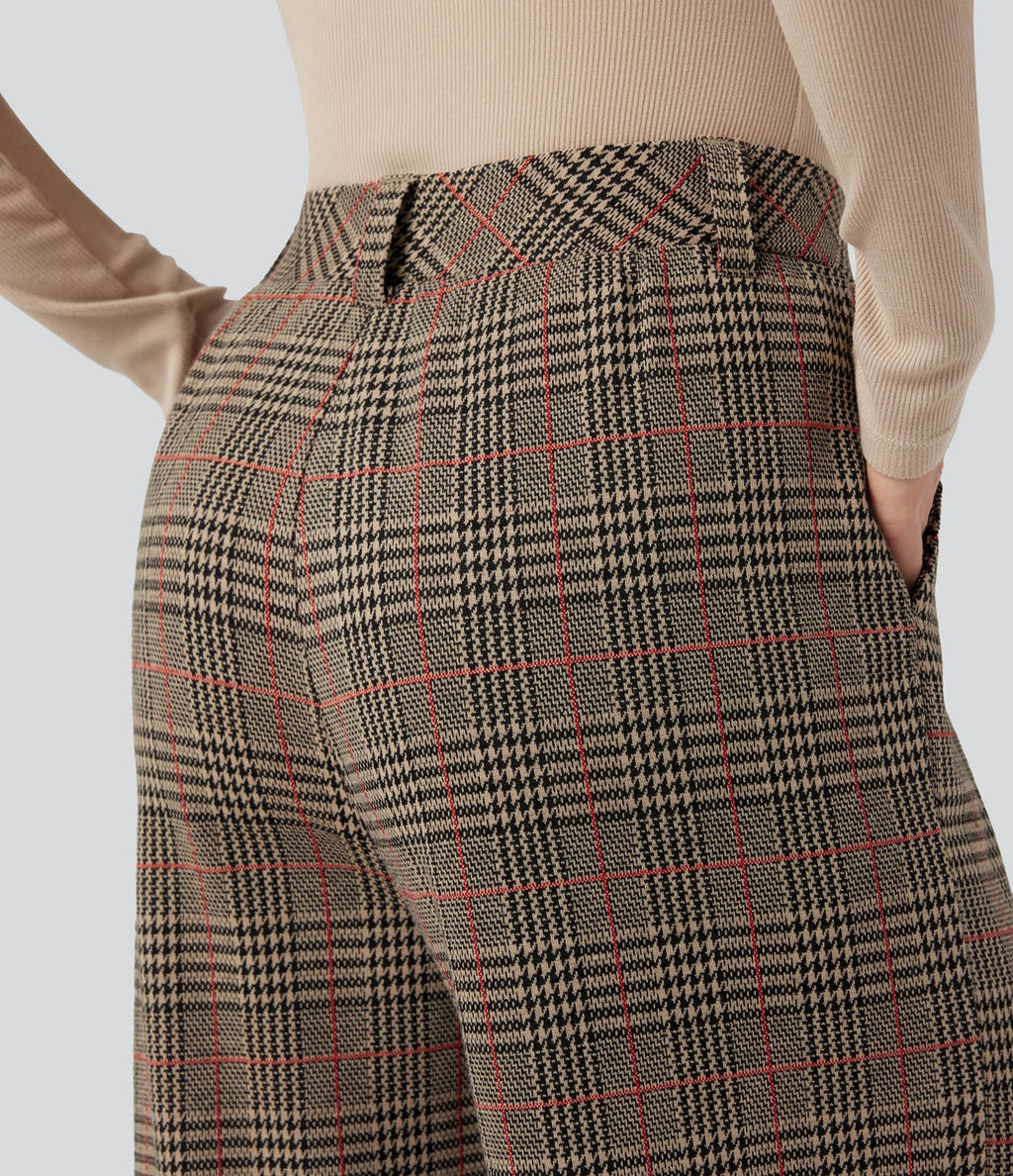 Pantalon taille haute décontracté large à carreaux, avec poches