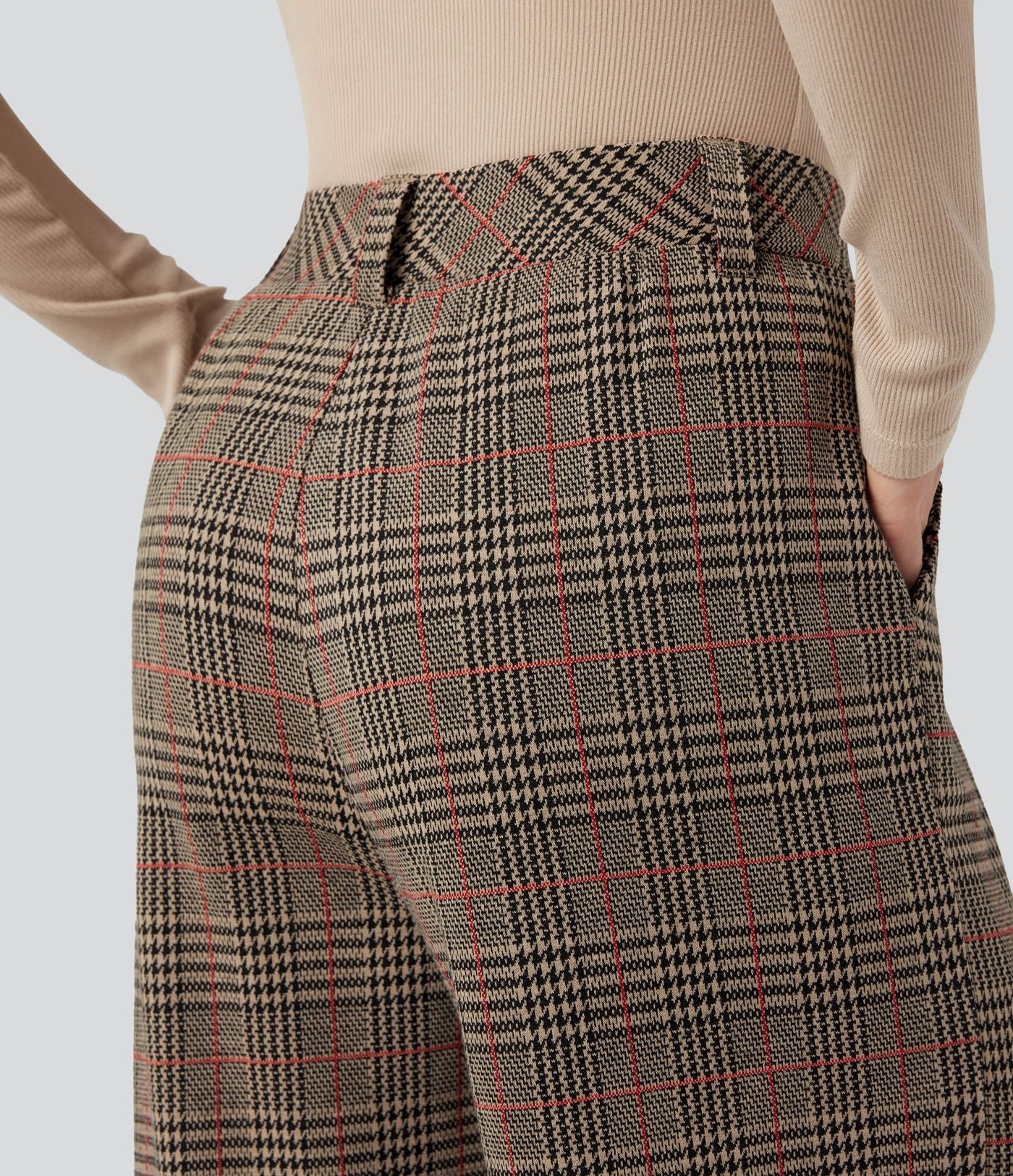 Pantalon taille haute décontracté large à carreaux, avec poches