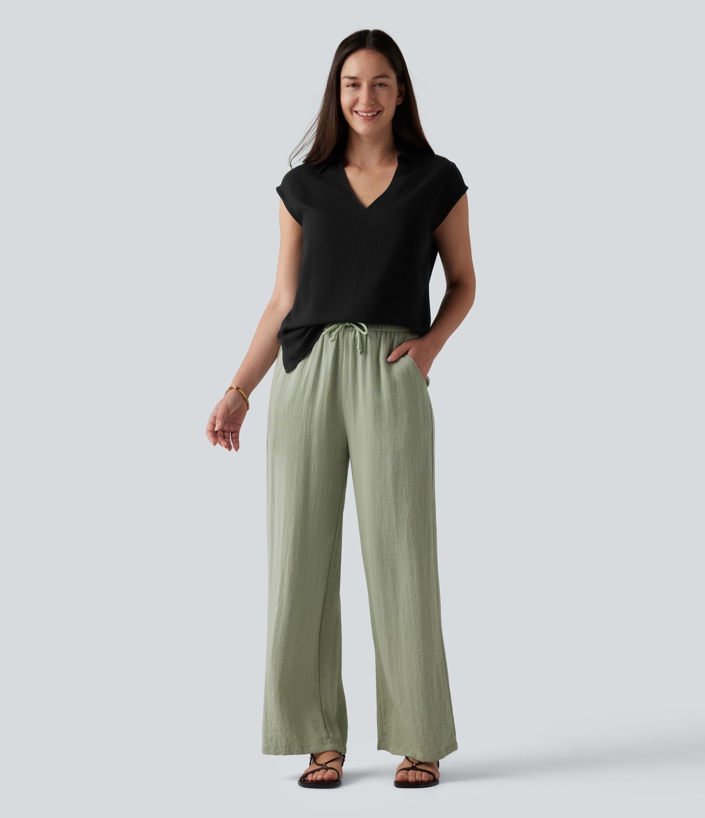 Chemisier tailleur en mélange de lin col V sans manches avec ourlet fendu