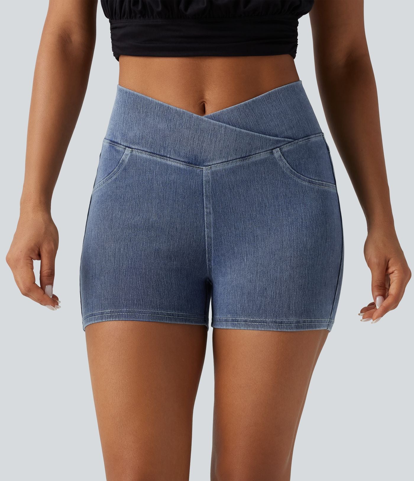 Halara Flex™  Shorts 7,5cm Denim Casual Taille Haute Poches Latérales Croisées en Maille Extensible