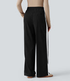 Pantalon jogging décontracté droit colorblock en velours côtelé, taille haute, avec cordon et poches
