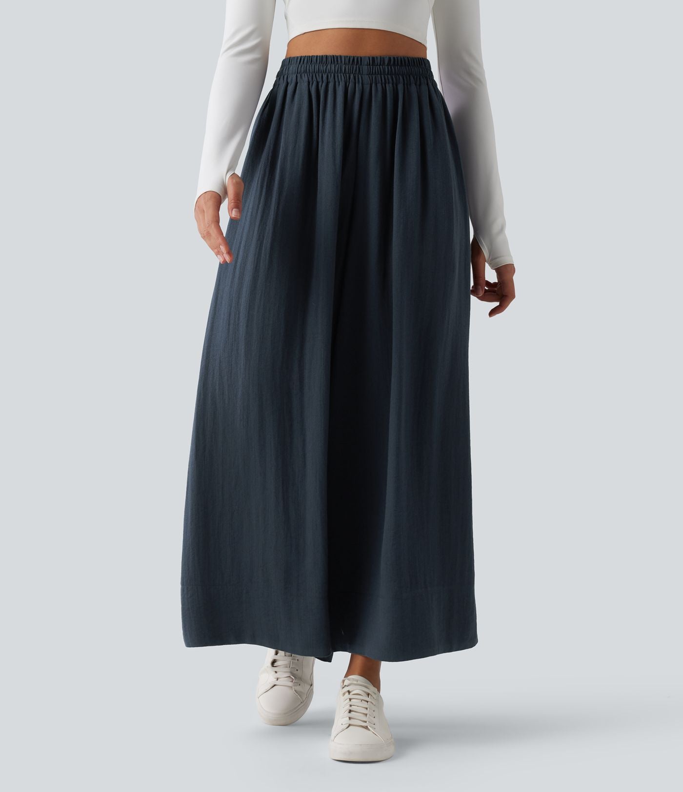 Pantalon large fluide décontracté taille haute avec cordon de serrage intérieur avec poches