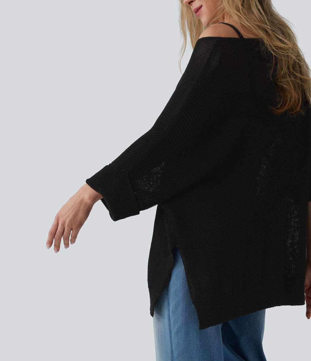 Pull décontracté oversize asymétrique demi-manches ourlet fendu avec poche
