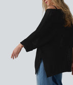 Pull décontracté oversize asymétrique demi-manches ourlet fendu avec poche