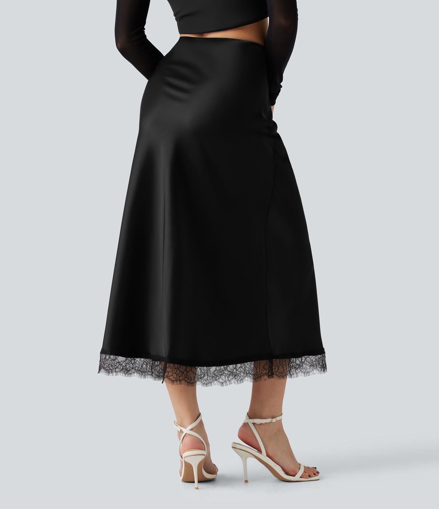 Jupe midi trapèze décontractée en satin et dentelle contrastée, taille haute