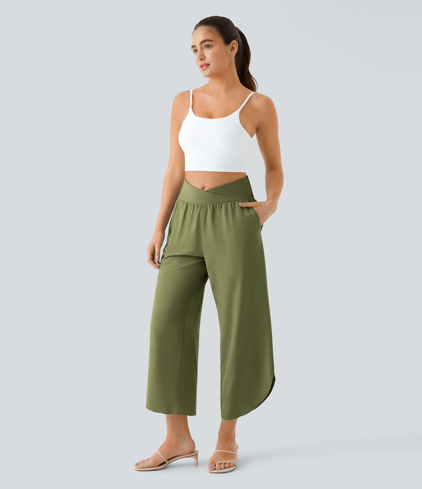 Breezeful™ Pantalon Fluide Vacances Séchage Rapide Taille Haute Croisée Poches Latérales Plissées Fente
