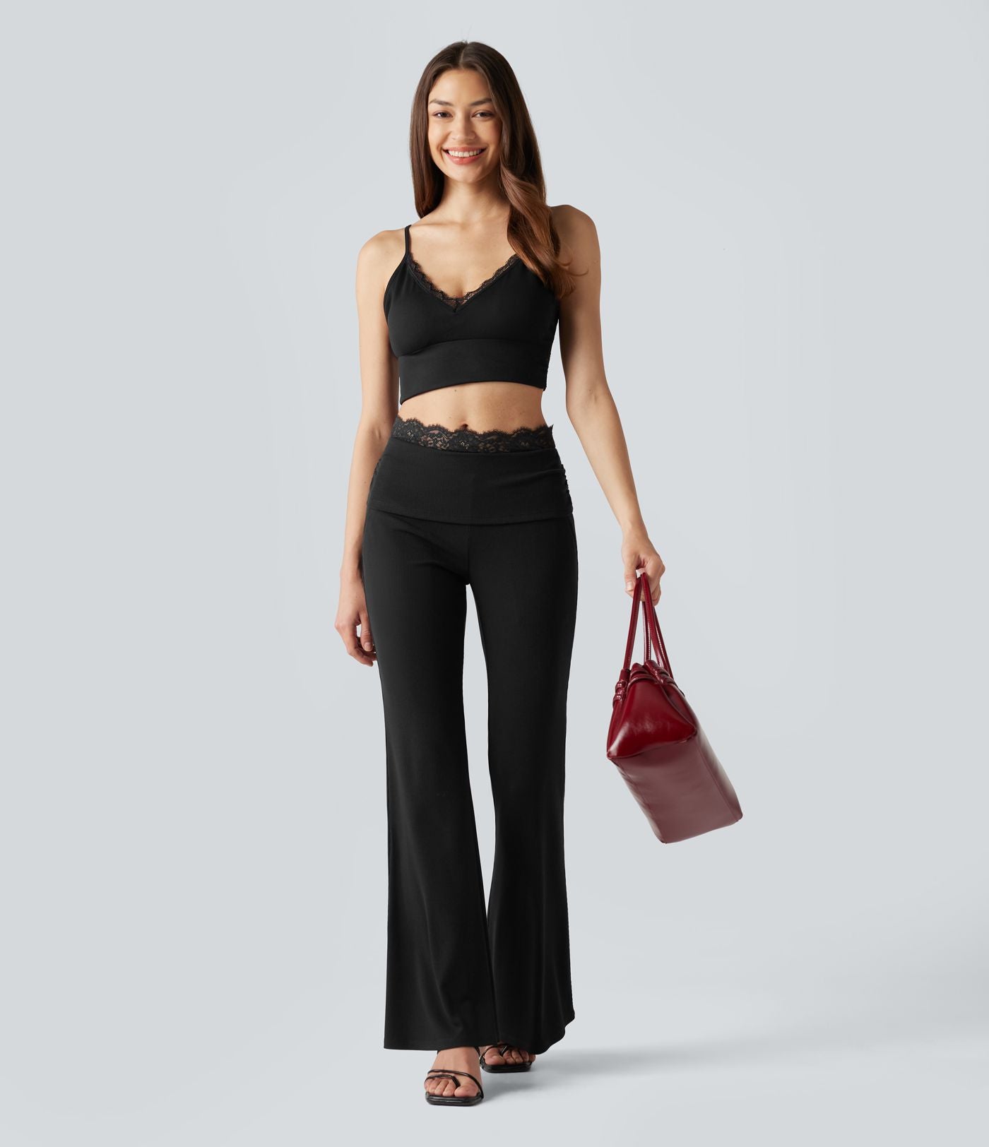 Pantalon décontracté évasé à taille mi-haute en maille côtelée extensible avec poches