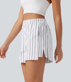 Short de tennis à rayures, taille haute, fente, 10 cm, à poches
