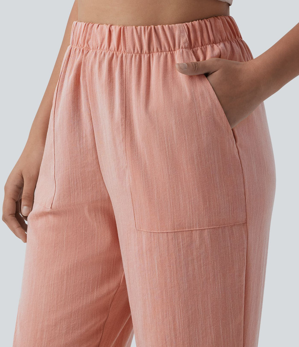 Pantalon casual court aspect lin coupe droite taille haute avec poches