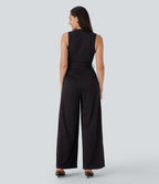 Combinaison tailleur sans manches à col V, ceinturée, avec zip invisible, rayures et effet frais avec poches, accès facile Easy Peasy