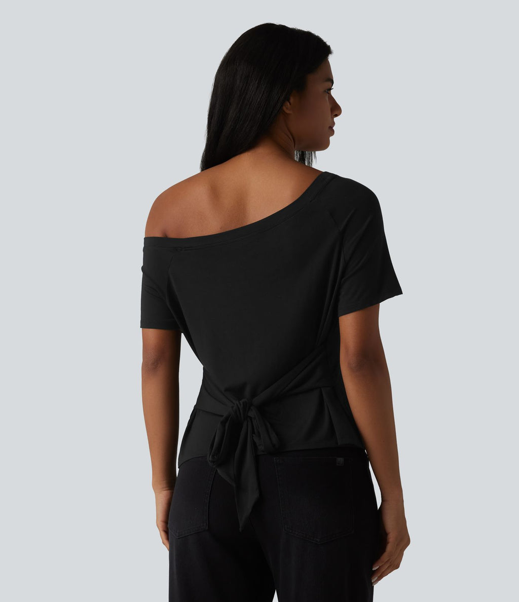 T-shirt décontracté asymétrique manches courtes soutien-gorge intégré nœud devant