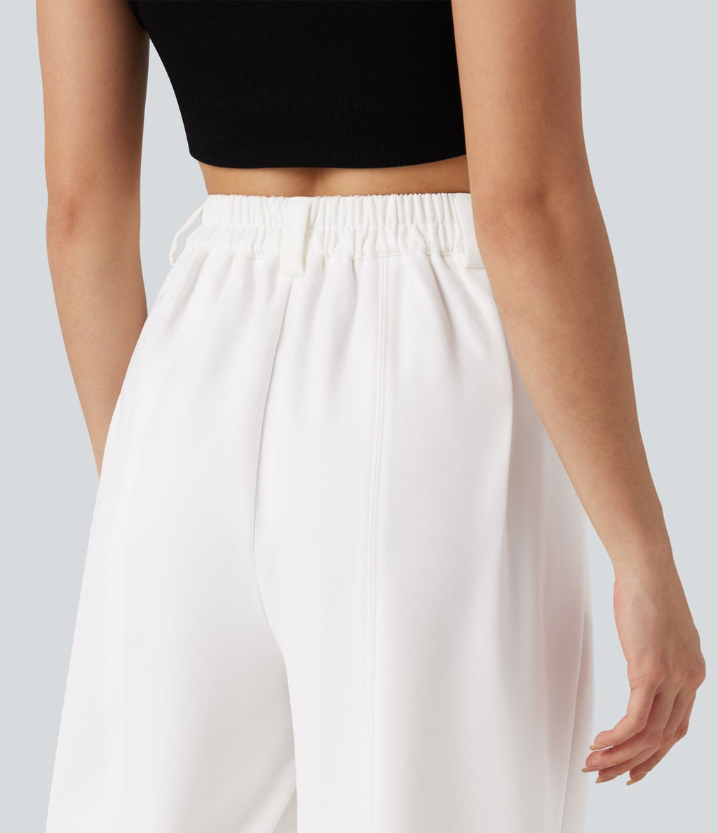 Pantalon tailleur large, taille haute, à poches