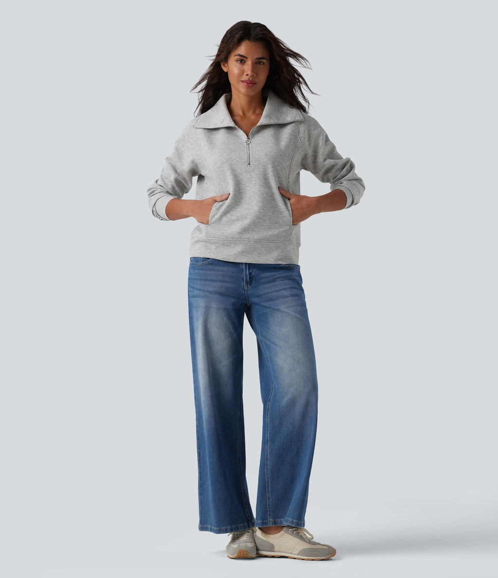 Sweat-shirt décontracté col revers demi-zip manches longues avec trous pour pouces et poches