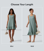 Robe courte décontractée sans manches à col rond, soutien-gorge intégré et ourlet à volants