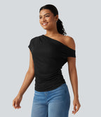 T-shirt côtelé asymétrique avec fronces et coussinets amovibles