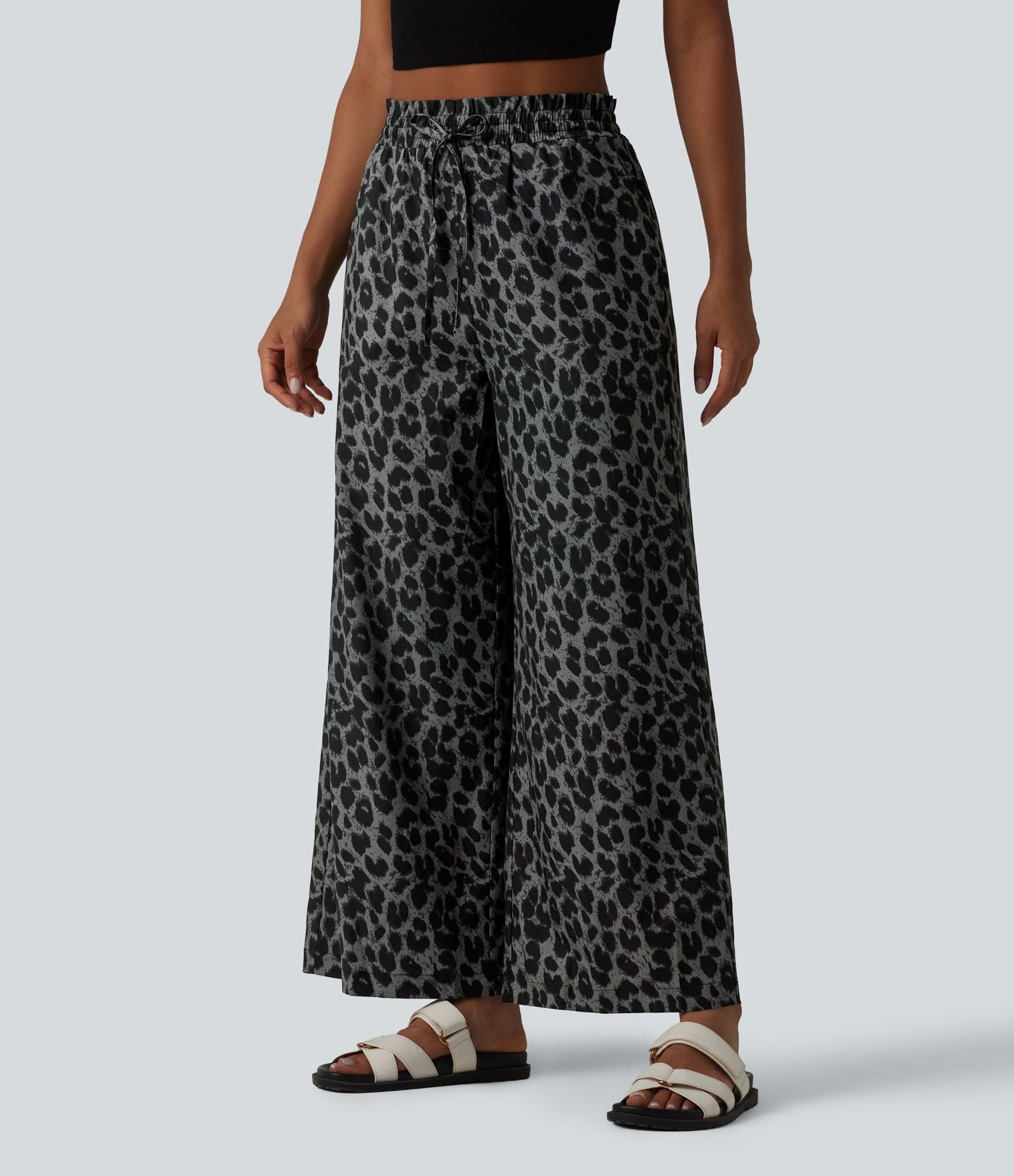 Pantalon large et fluide à imprimé léopard, taille haute avec cordon de serrage et poches latérales