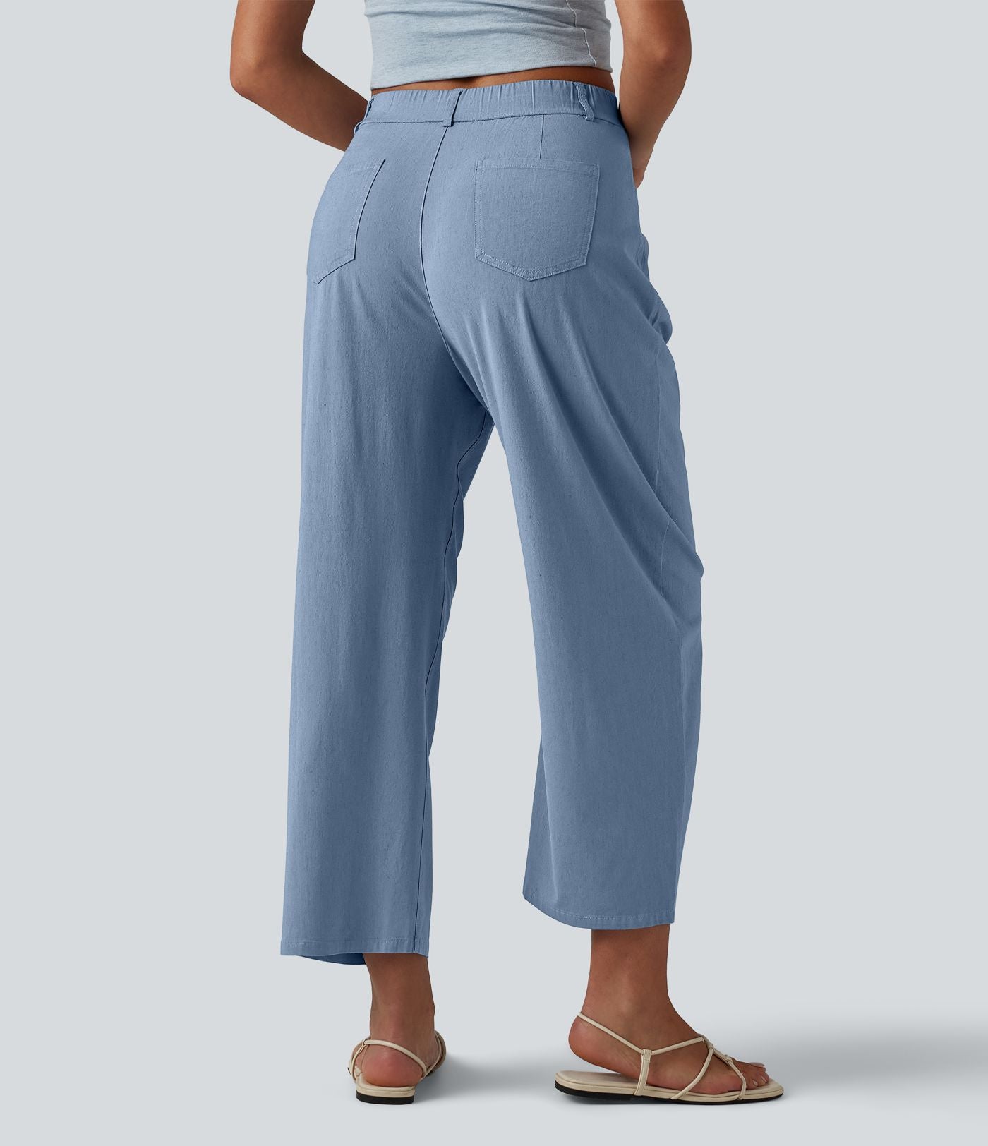 Pantalon casual taille haute en lin stretch coupe barrel avec poches