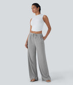 Pantalon fluide ample à taille basse avec cordon de serrage, côtes extensibles, doux pour la peau et poches latérales