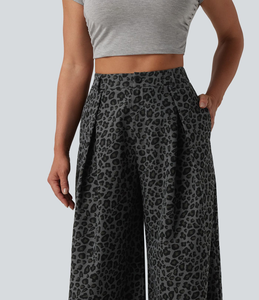 Pantalon large décontracté imprimé léopard taille mi-haute avec poches