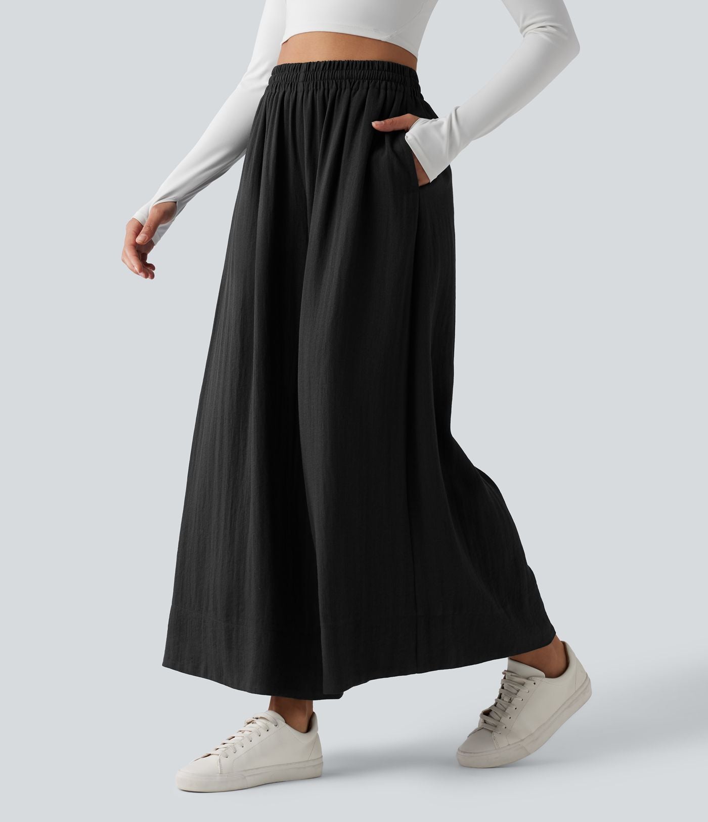 Pantalon large fluide décontracté taille haute avec cordon de serrage intérieur avec poches