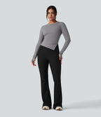 Top de sport yoga col rond ourlet asymétrique fendu manches longues avec trous pouces
